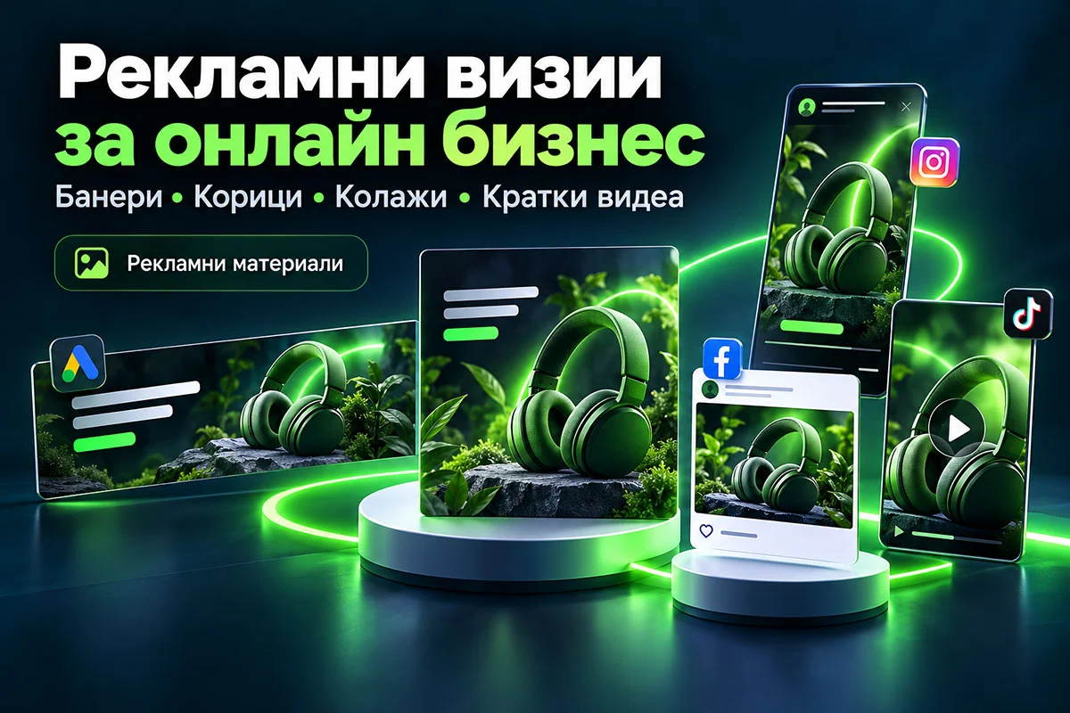 Рекламни визии със слушалки, представени като банер, публикация и вертикален формат